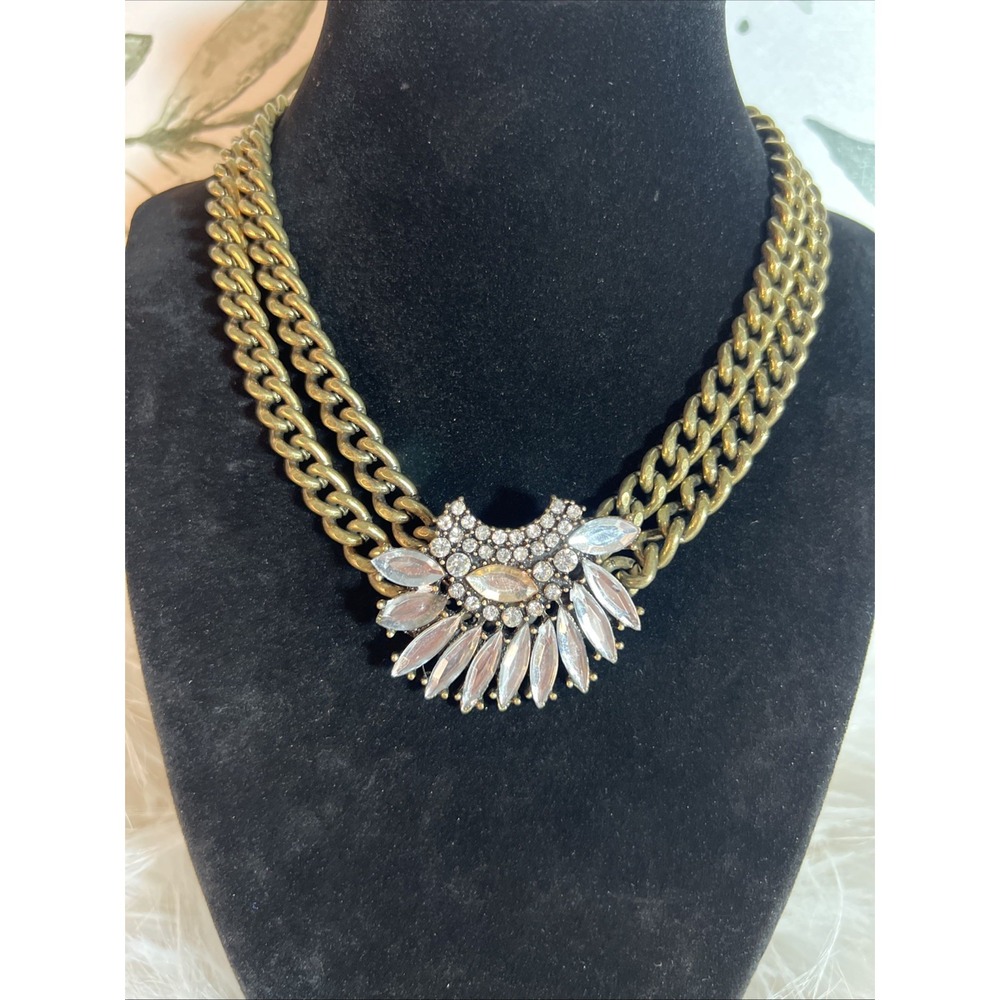 Vintage Womens Bronce Tone Double Chain Rhinestone Front Statement Necklace - Picture 2 of 12